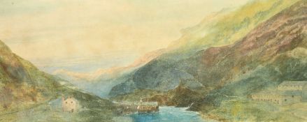 William Earp, an extensive lake scene with a man fishing, boats, dwellings and mountains beyond,