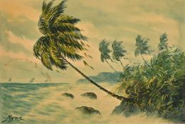 M. Naioin (20th Century) South-East Asian. A hut next to rice fields with a mountain beyond,