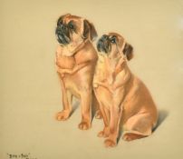 Phyllis Binet, (20th Century) A study of the Pugs, 'Bing and Bob', pastel, inscribed, initialled,