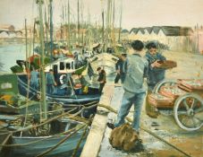 Circle of Terrick Williams (20th Century) French fishing boats unloading their catch, oil on