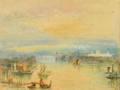 19th Century, A scene in the Venice lagoon with gondolas and sailboats, watercolour, initialled R.M,