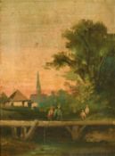 19th Century French School, figures on a bridge at dusk, oil on panel, indistinctly signed, 8.5
