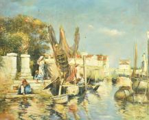 Eugene Leroy, figures collecting water, oil on canvas, signed, 19.75