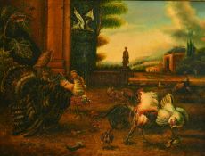 20th Century, mixed fowl in a classical landscape, oil on panel, 12