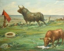 20th Century Continental School, bulls in a landscape, oil on canvas, indistinctly signed, 15.75