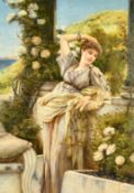 D. Parker, 20th Century, A portrait of a classical lady leaning on a stone balcony clad with