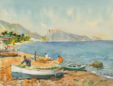 Manuel Gimeno Granell (b.1933) Spanish, Fisherman preparing their nets, watercolour, 9