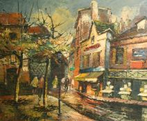 20th Century French School, figures on a city street, oil on canvas, indistinctly signed and
