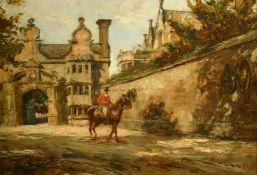 Charles Martin Hardie (1858-1916) British, A huntsman on his horse outside the gate house of Stanway