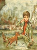 Ronald, 'Spilt Milk,' a child with a dog, oil on canvas, signed, 28.75