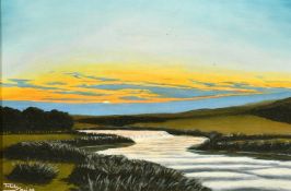 Tolilla, circa 1988, a river landscape at dusk, oil on board, signed, 8.75