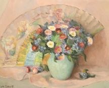 Sylvia Gardette, 20th Century French, a still life of flowers and a fan, oil on canvas, signed,
