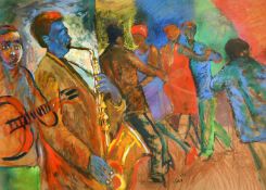 Sandy Esau (b.1968) South African, A scene of figures dancing while a jazz band plays, mixed