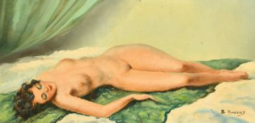 B. Robert, a study of a sleeping female nude, oil on canvas, signed, 12