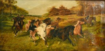 19th Century English School, a scene of mounted figures herding wild horses, oil on canvas, 12