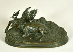 Pierre-Jules Mene (1810-1879) French, A bronze model of a recumbent Stag amongst foliage, signed, 3