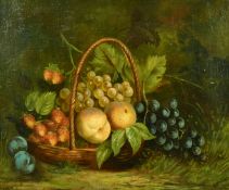 Neuville, A still life of mixed fruit in a basket, strawberries, grapes, apples and plums, oil on