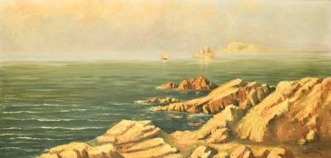 Calvo, circa 1926, a sailboat approaching a rocky coastline, oil on canvas, signed, 19.75
