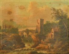 19th Century French School, figures conversing by a mountain river, oil on canvas, 8.75