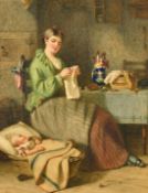 Joseph Moseley Barber (19th Century) British, A young mother watching her child sleep in a cottage