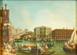 20th Century School, figures on gondolas with the Rialto Bridge in the distance, oil on panel,