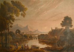 A 19th Century classical landscape a dusk with figures by a lake, oil on board,15.75