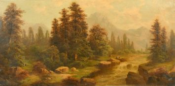 A. Lang 19th Century, figures by a mountain river, oil on canvas, signed, 18.75