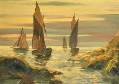 20th Century French School, boats along a rocky coastline at dusk, oil on board, indistinctly