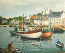 Y. Poulain, circa 1955, fishing boats moored on a town quay, oil on canvas, signed, 19.75