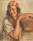 Roux Abougit, Study of a lady leaning on a basket, oil on panel, signed, 18