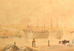 19th Century English School, hulks in a natural harbour with a figure in the foreground,