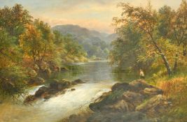 George B. Yarnold (19 century) British, Angler by waterfall at dusk with mountains beyond, signed,
