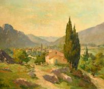 Nicola, early 20th Century, an Italian village scene surrounded by mountains, oil on canvas, signed,