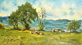 Andre Guillaume, figures resting in an extensive landscape, oil on canvas, signed, 27.5