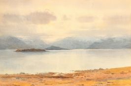 George Drummond Fish (1876-1938), An extensive highland loch scene from the shores edge,