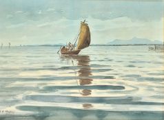 Abu Bakar Ibrahim, A fishing boat on a lagoon, watercolour, signed, 11