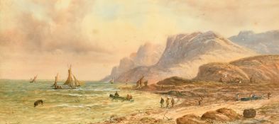 E. Lewis, A hilly coastline with figures on the beach, a dwelling beyond and sailing boats on the