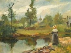 P. Gonnard, female figure by a river, oil on board, signed, 10.5