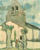 Jean-jacque Bourdil, circa 1960, figure by a church, oil on board, signed, 10.5