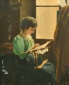 19th Century French School, a young lady with a loom, oil on canvas, signed Eugenie B, 18