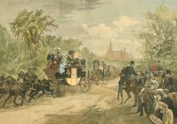After Schell and Hogan, 'Coaching in New York, A Drive Through Central Park', hand coloured print,