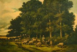 19th Century, Barbizon School, a shepherd and his flock in a clearing, oil on canvas, 13