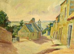 20th Century French School, a view of a coastal town with the sea beyond, oil on board, 9