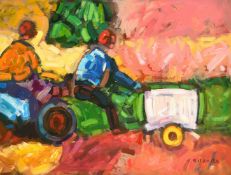 Tendai Nahvira (b.1974) Zimbabwe/South African, A scene of figures on vehicles in an African