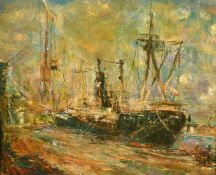 20th Century French School, boats in a harbour, oil on canvas, indistinctly signed, 19.75