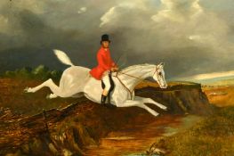 19th Century, A huntsman on his grey horse jumping a fence and stream, oil on canvas, indistinctly