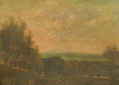 19th Century French School, figures resting in an extensive landscape, oil on panel, 7.5