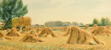 George Kingston-Jones (active 1896-1899) Corn Stooks near Southwold, watercolour, signed, 6.75