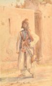 A full length study of a Greek man with a sword and shield, watercolour, signed and dated '90, 19