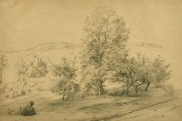 Charles Agard (1866-1950) French, a wayfarer resting in a landscape, charcoal, signed, 10.75